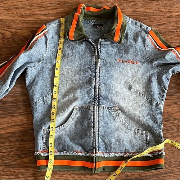 Vintage Fubu Women's Denim Zip Up Jacket with Orange and Green Stripe Accents L - Picture 13 of 16